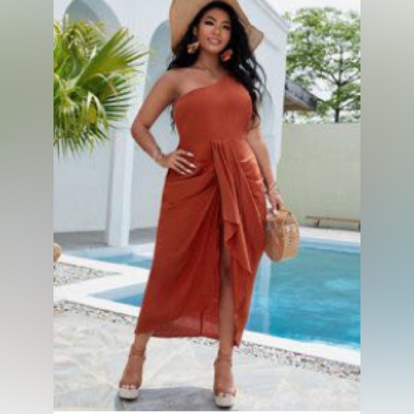 Burnt Orange One-Shoulder Dress Size 2X - Picture 1 of 5